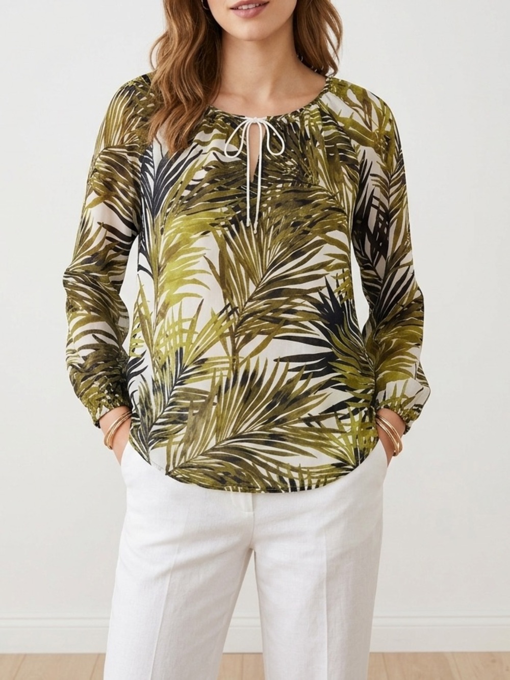 Ann Taylor Olive Green Palm Leaf Tie Neck Blouse❤️